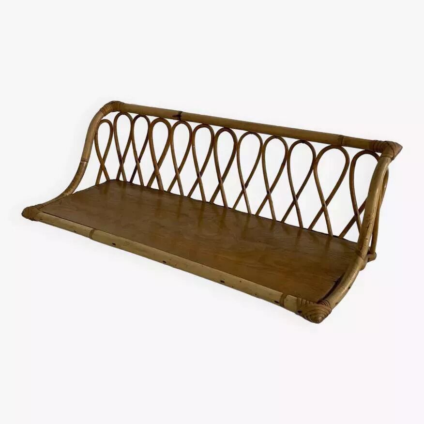 1960s rattan and wood wall shelf