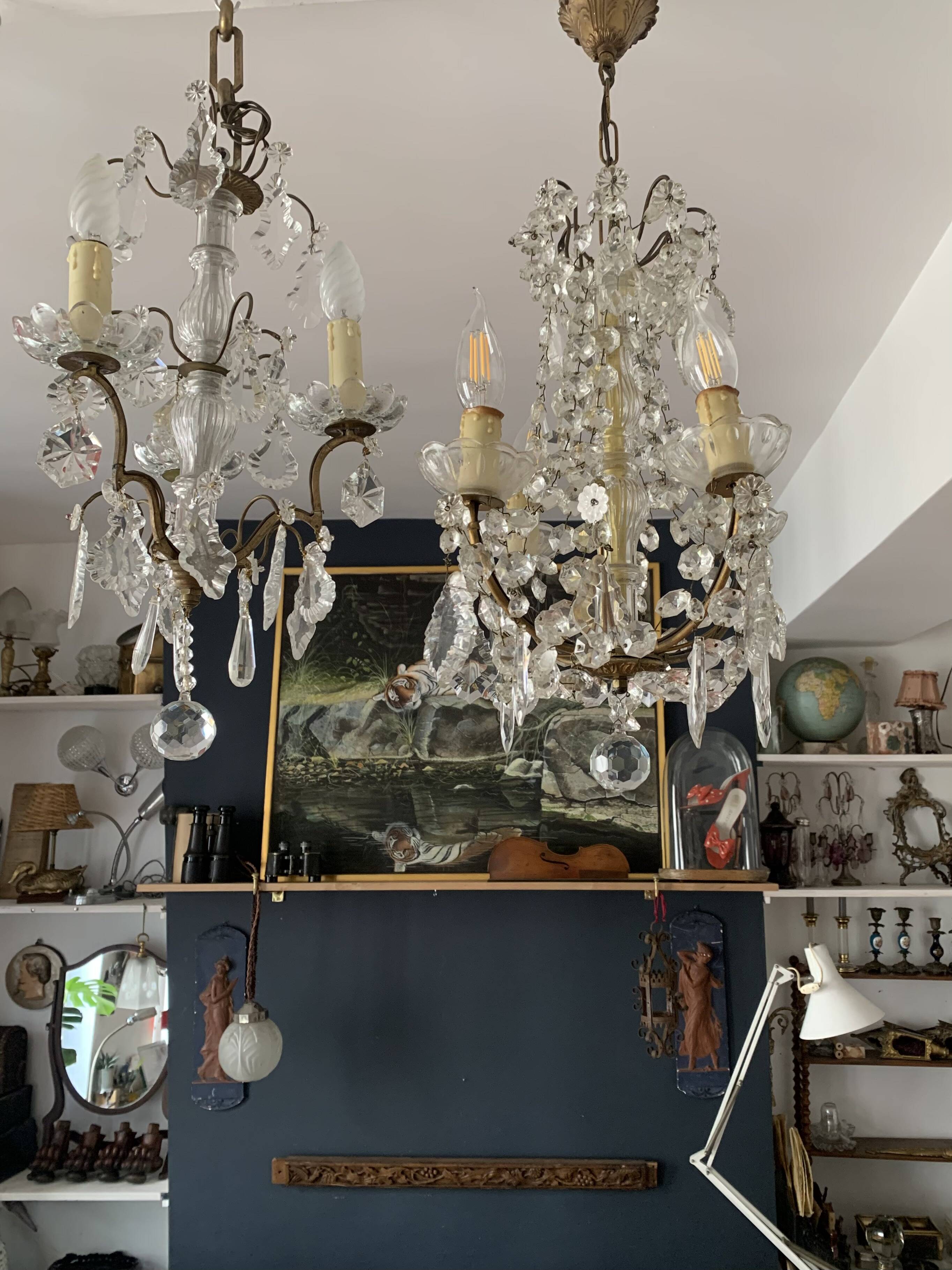 Small antique chandelier with tassels and bronze from the early 20th century