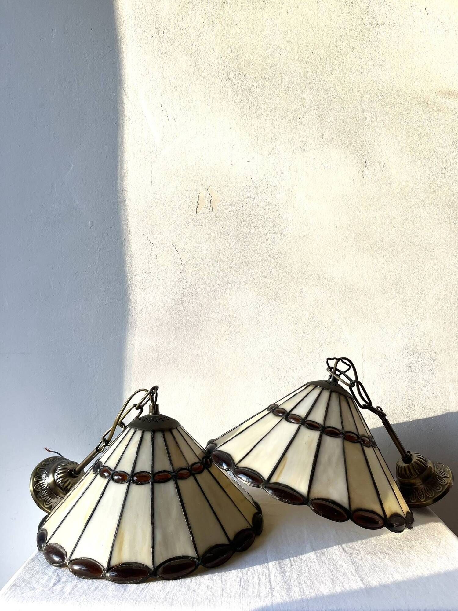 Pair of glass pendant lights in Art Nouveau Tiffany style