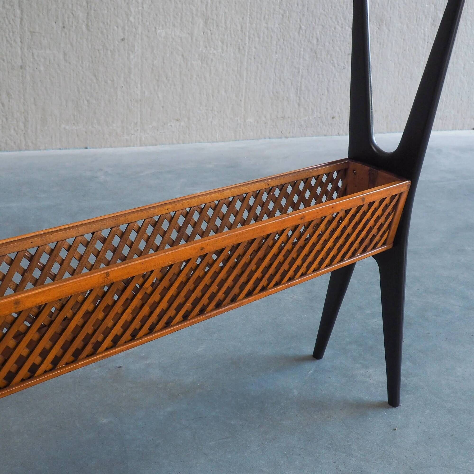 1950s Italian ebonized console table with glass top & lattice basket