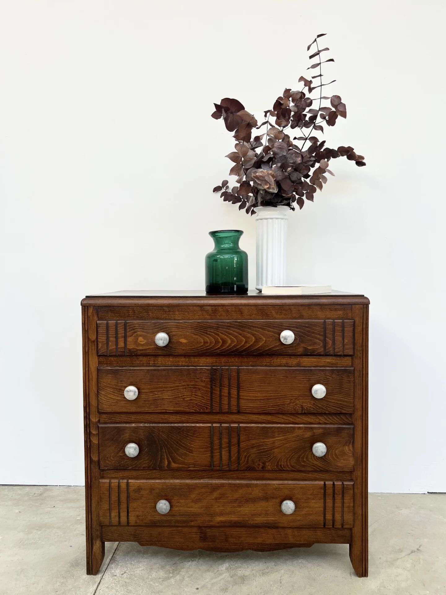 Small chest of drawers with 4 drawers — solid wood, Art Deco patterns, France 1950s