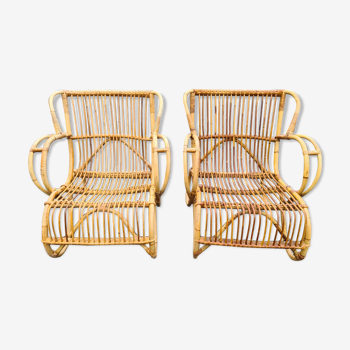 Pair of vintage bamboo rattan armchairs