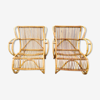 Paire de fauteuils rotin bambou vintage