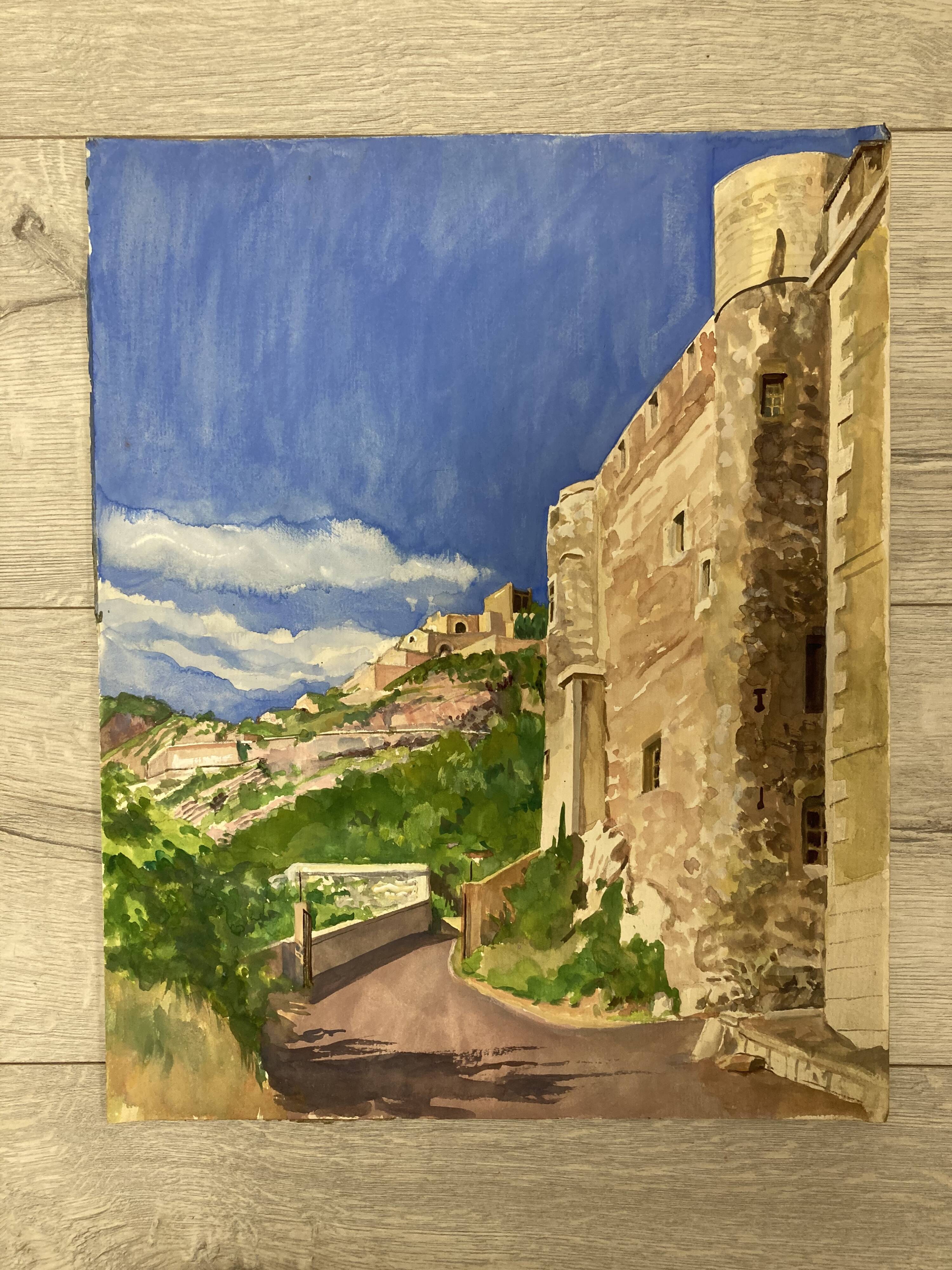 Watercolor Provencal landscape with fortified ramparts