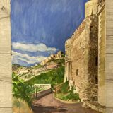 Watercolor Provencal landscape with fortified ramparts
