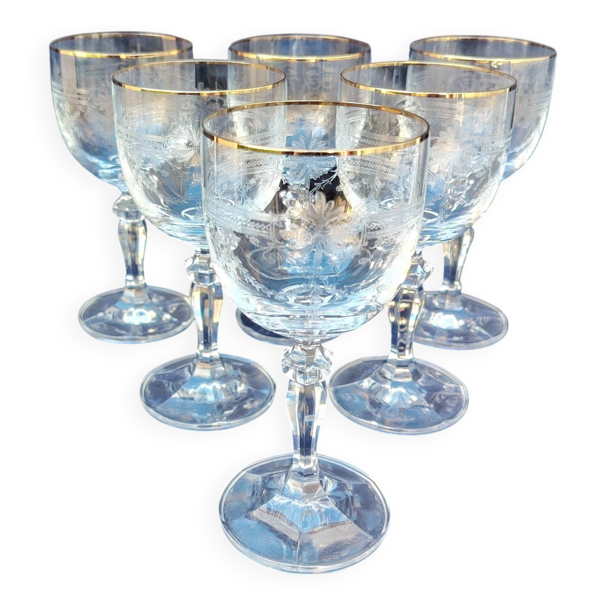 Six vintage wine glasses, cut crystal, gold rim