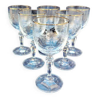Six vintage wine glasses, cut crystal, gold rim