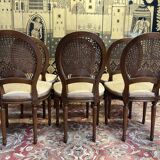 Suite of 6 Louis XVI style chairs in cane and fabric