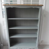 Louis XV style bookcase, green gray with 3 adjustable shelves, wooden tray.