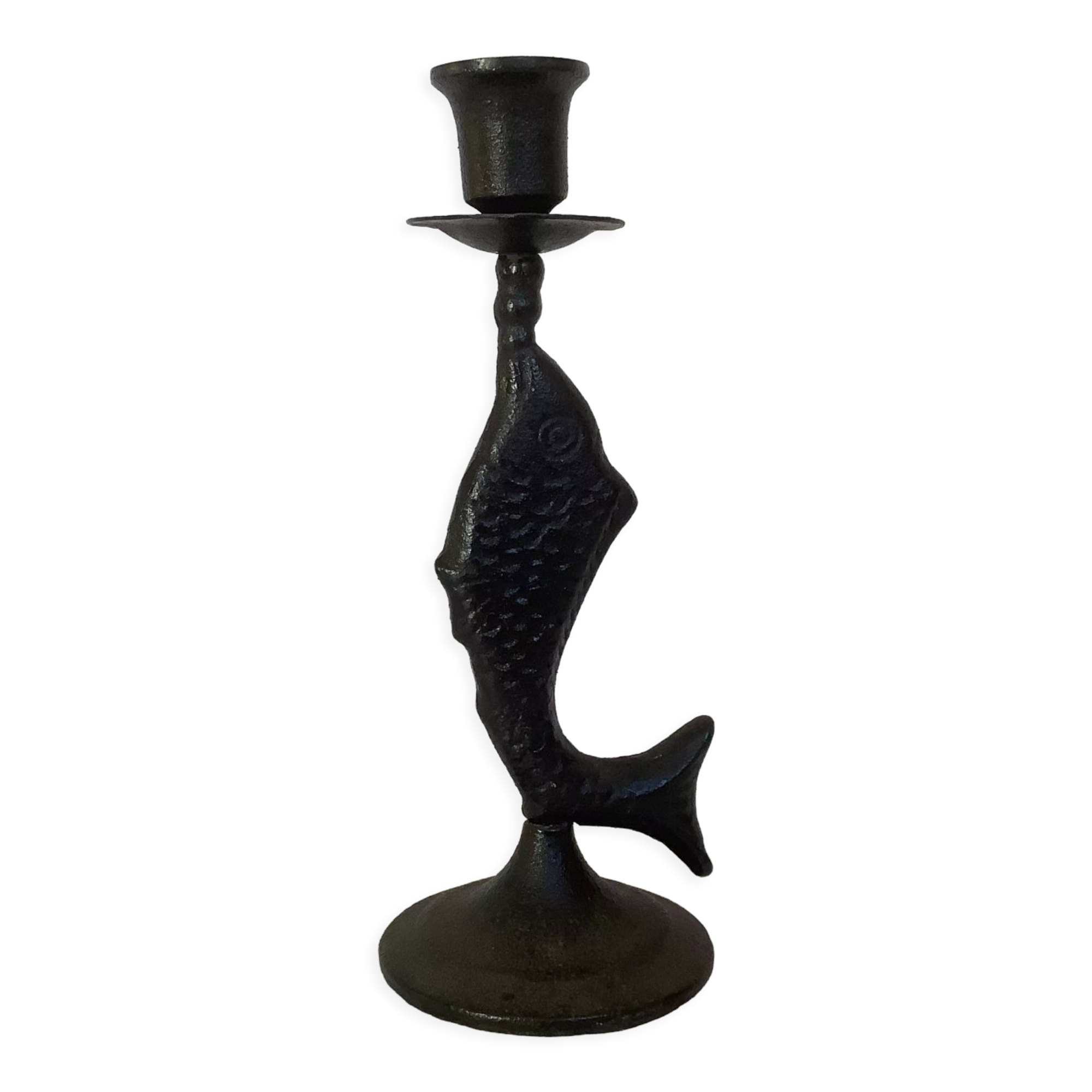 Brutalist black cast iron fish candle holder