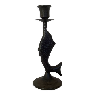 Brutalist black cast iron fish candle holder