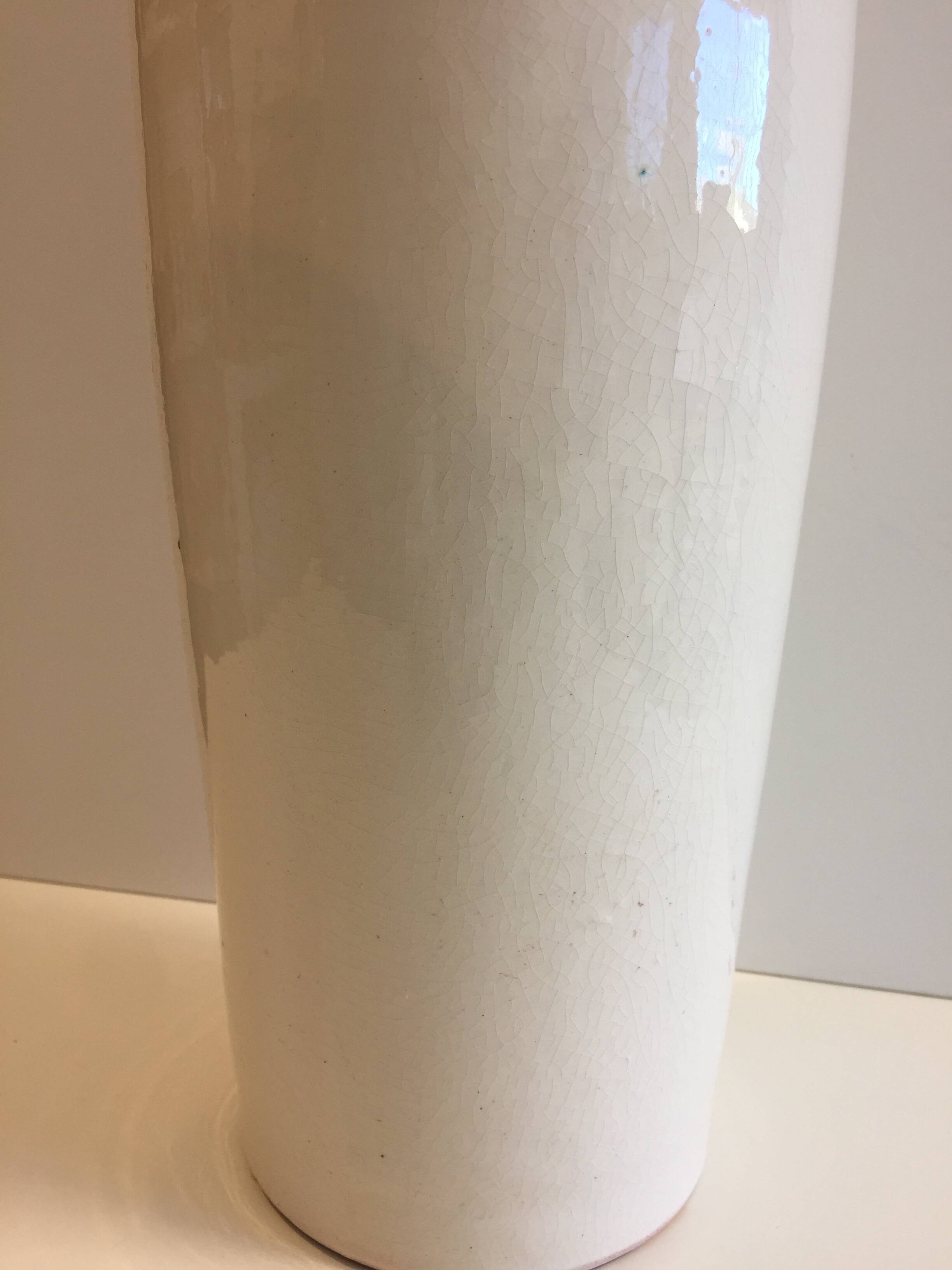 Large Little Girl Vase Long Straight Neck Cylindrical Cracked Glazed Ceramic
