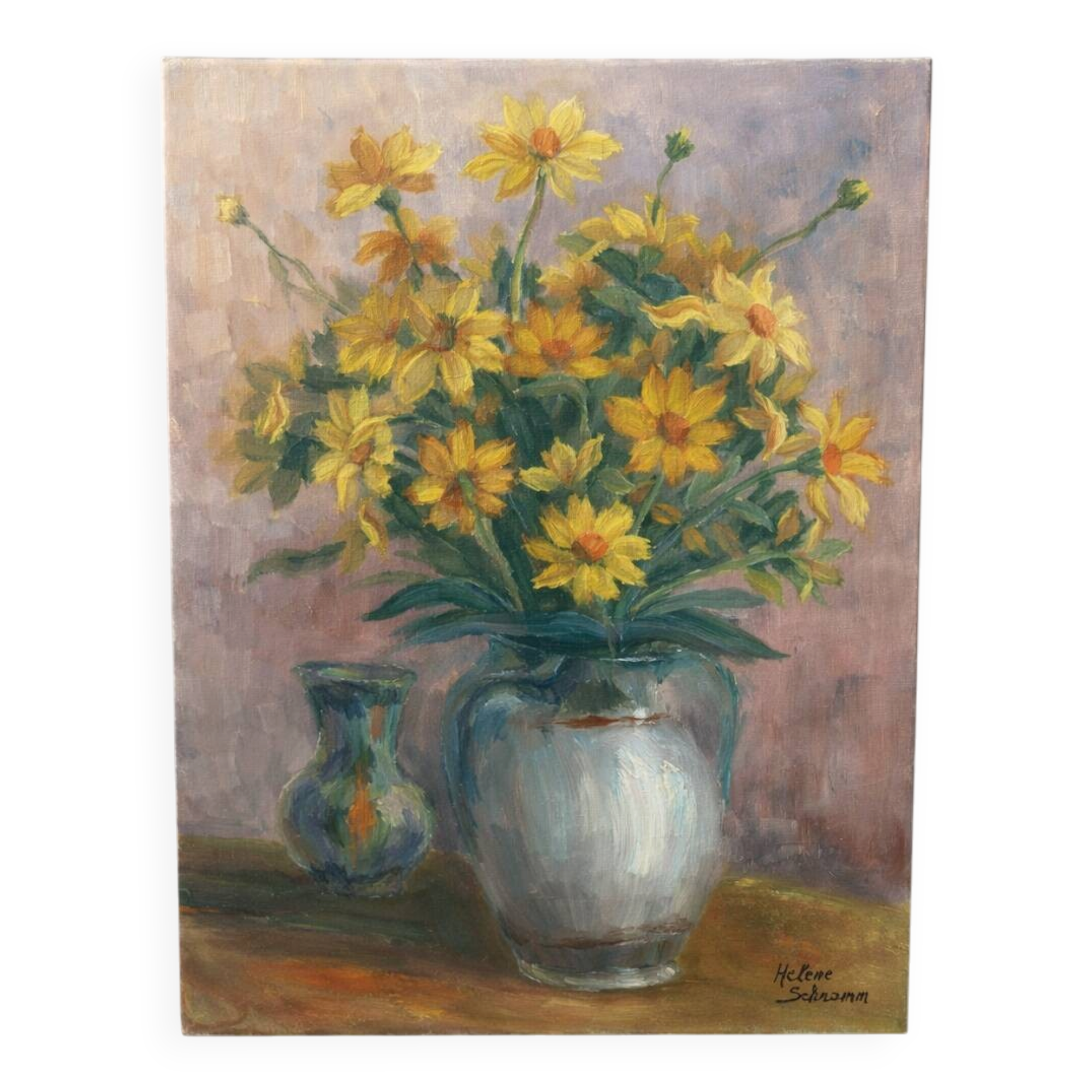 Still life with yellow flowers – oil on canvas signed H. Schramm – 46 x 3
