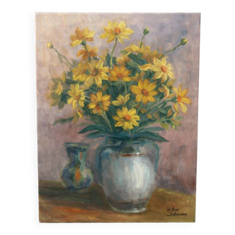 Nature morte aux fleurs jaunes – huile sur toile signée H. Schramm – 46 x 3
