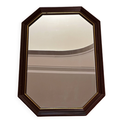 Miroir octogonal vintage en bois teinté et filet doré – 68 × 47,5 cm
