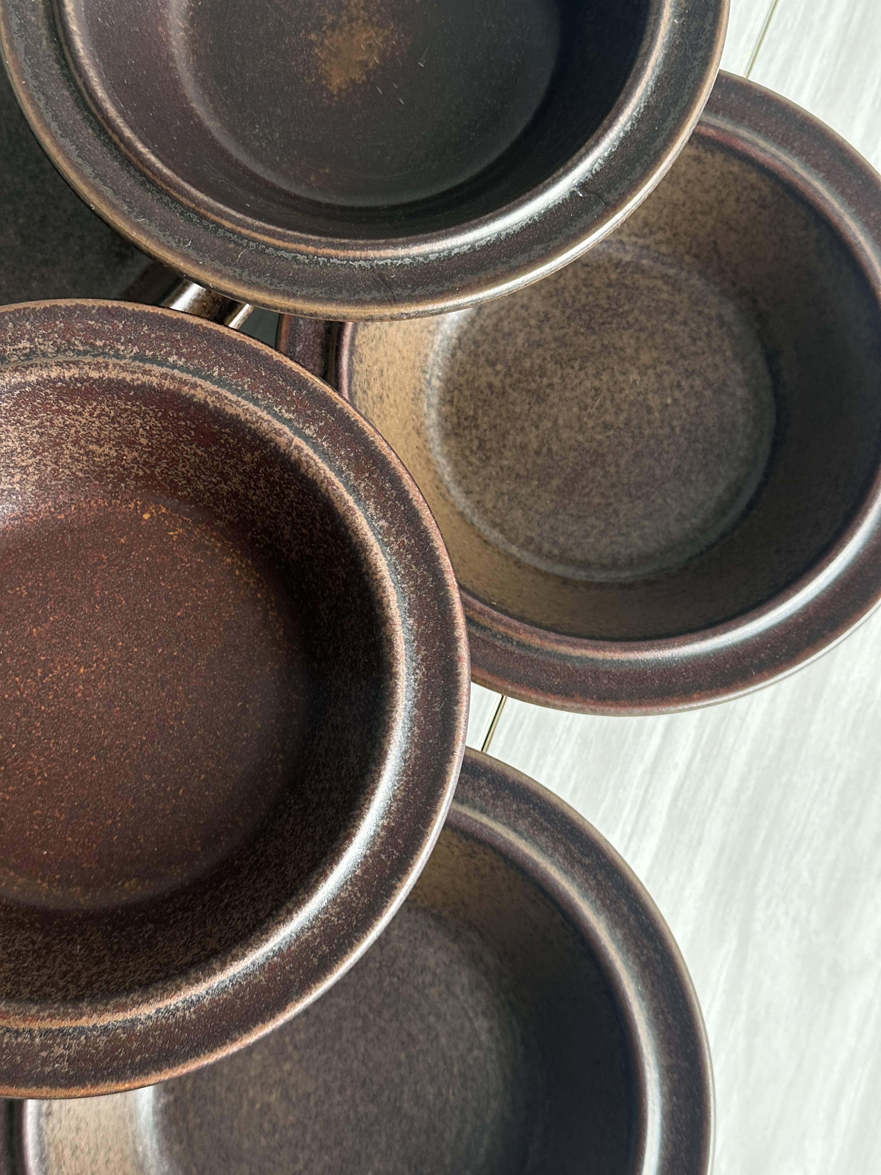 Set of 6 dark brown glazed stoneware bowls