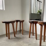 Set of 5 olive tree tripod stools from the 50s