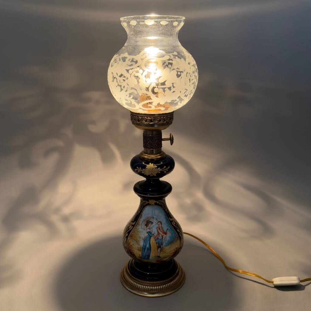 Antique French porcelain table lamp, brass and satin glass, 20th century.