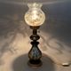 Antique French porcelain table lamp, brass and satin glass, 20th century.