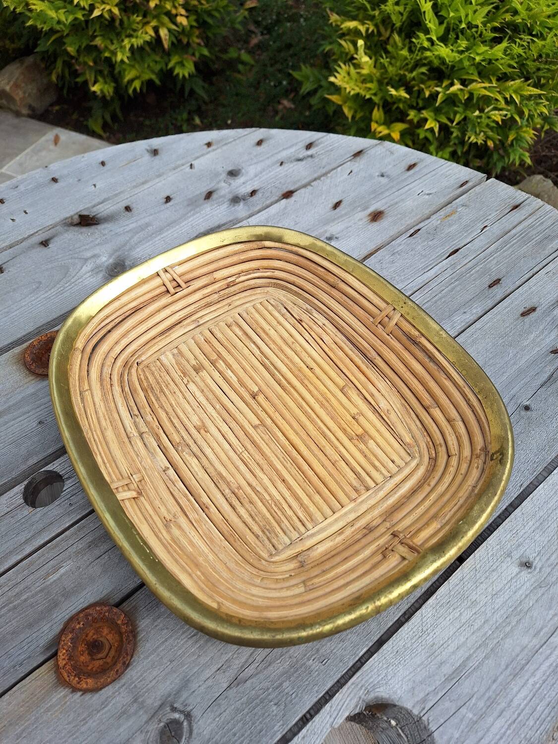 Rattan and brass basket