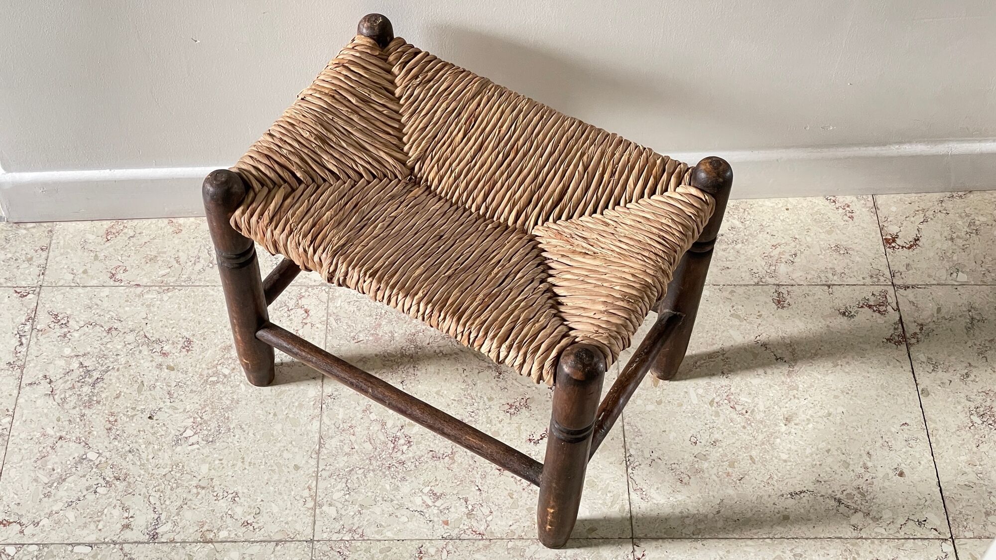 Stool bench wood and straw vintage bohemian spirit