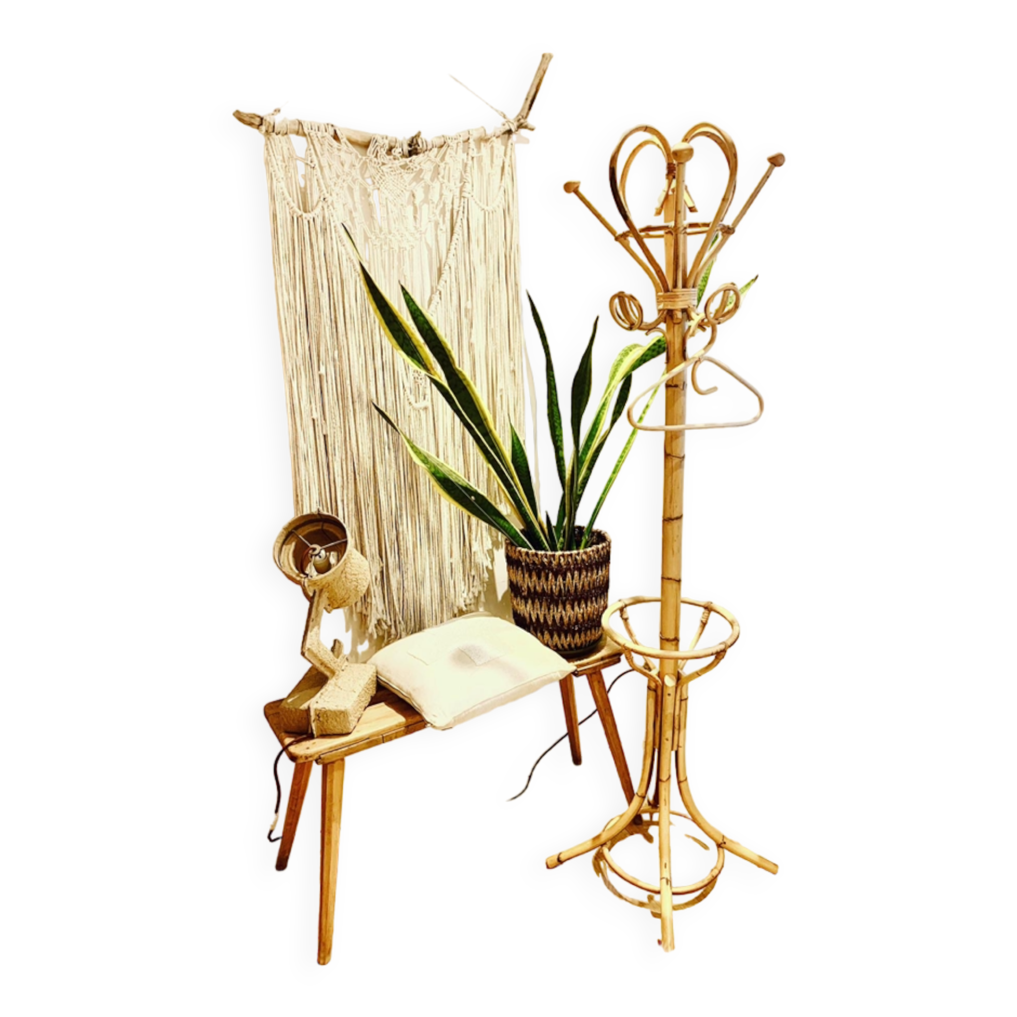 Vintage rattan coat rack