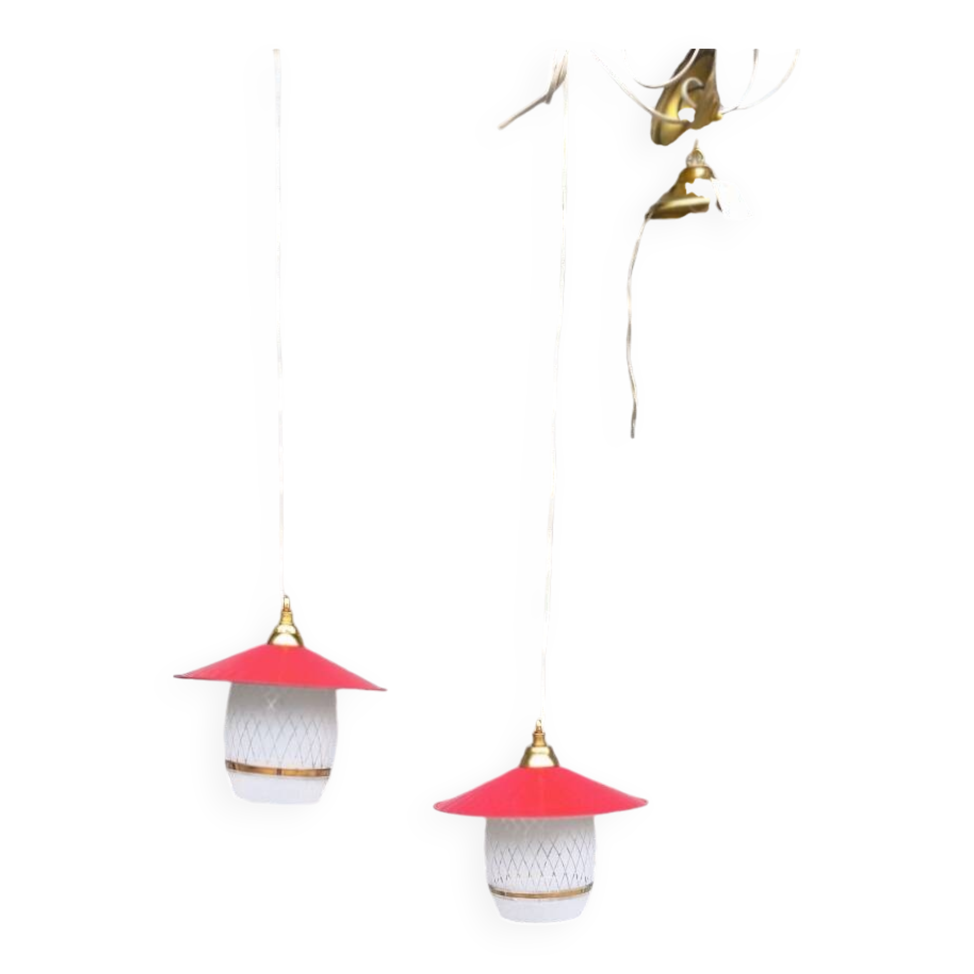 Pair of enamelled sheet metal and glass pendant lights