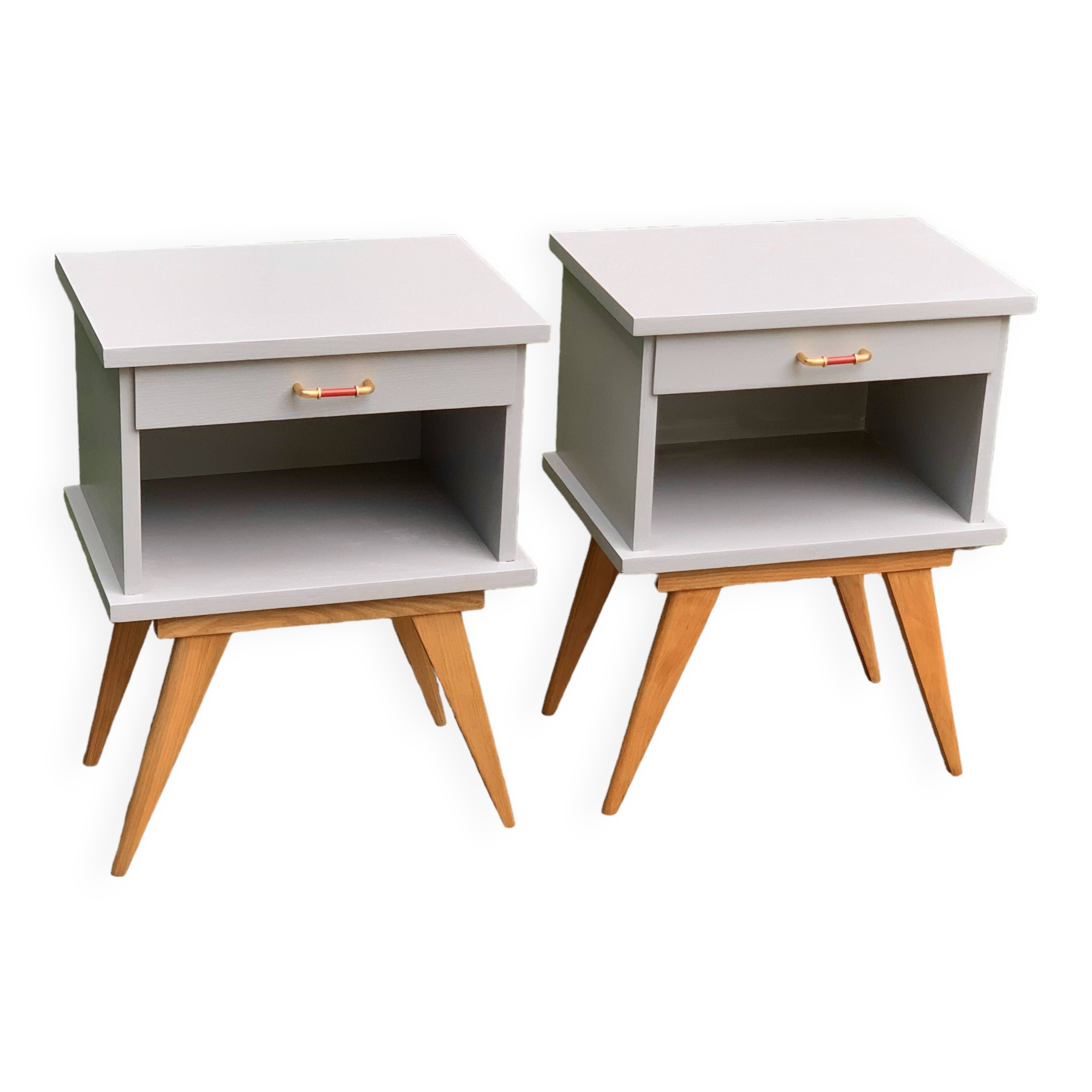 Pair of vintage 1950s compass foot bedside tables