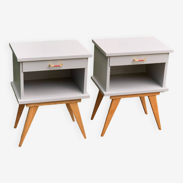 Paire de chevets pieds compas vintage 1950