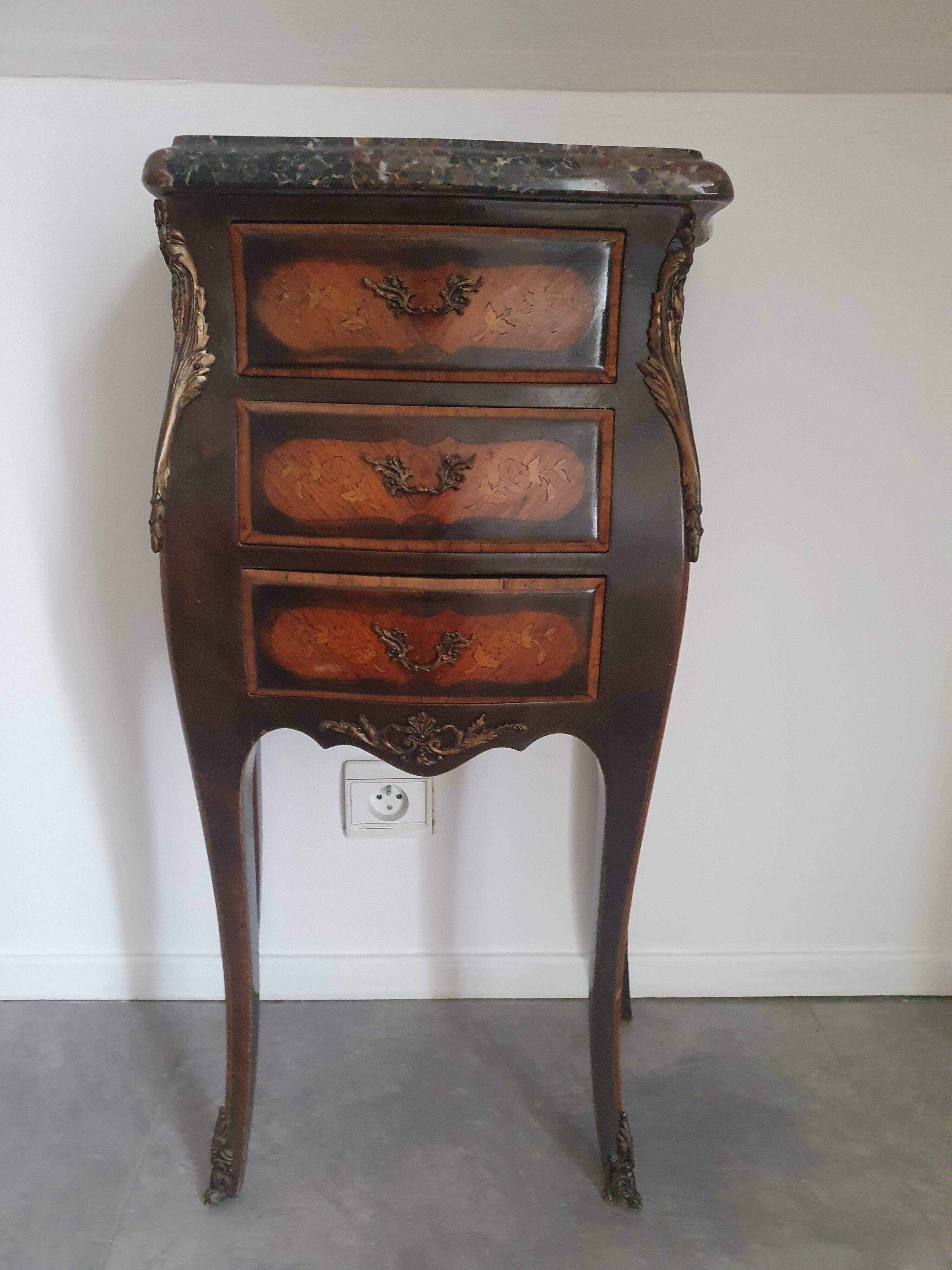 Antique marquetry bedside table, marble top