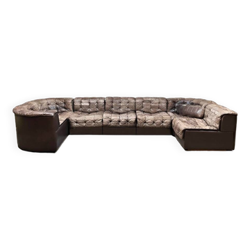 Vintage design modular lounge sofa brown leather