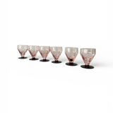 6 Art Deco pink wine or water glasses with black stems.
