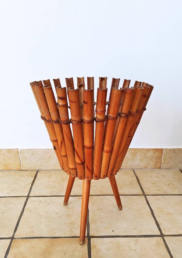Cache Pot Bambou sur Trépied Vintage