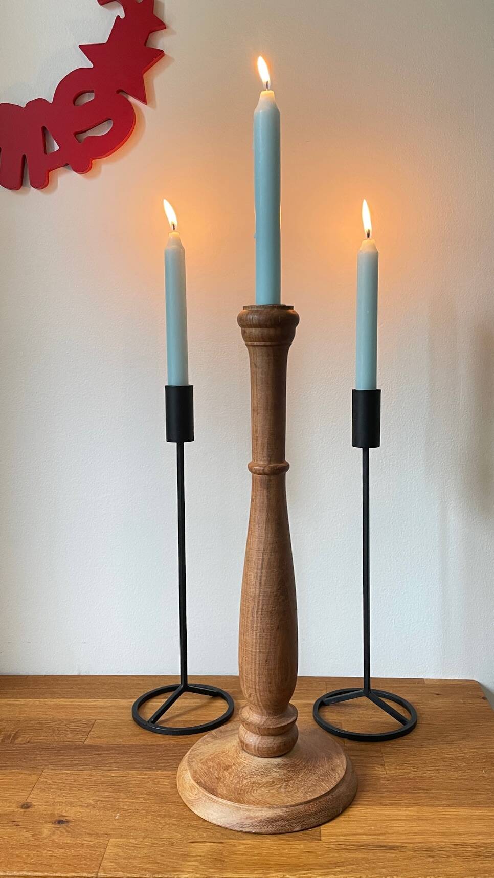 Trio of Vintage Teak and Steel Candlesticks