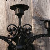 Pair of black wrought iron sconces - neo-Gothic style - from the 1950s