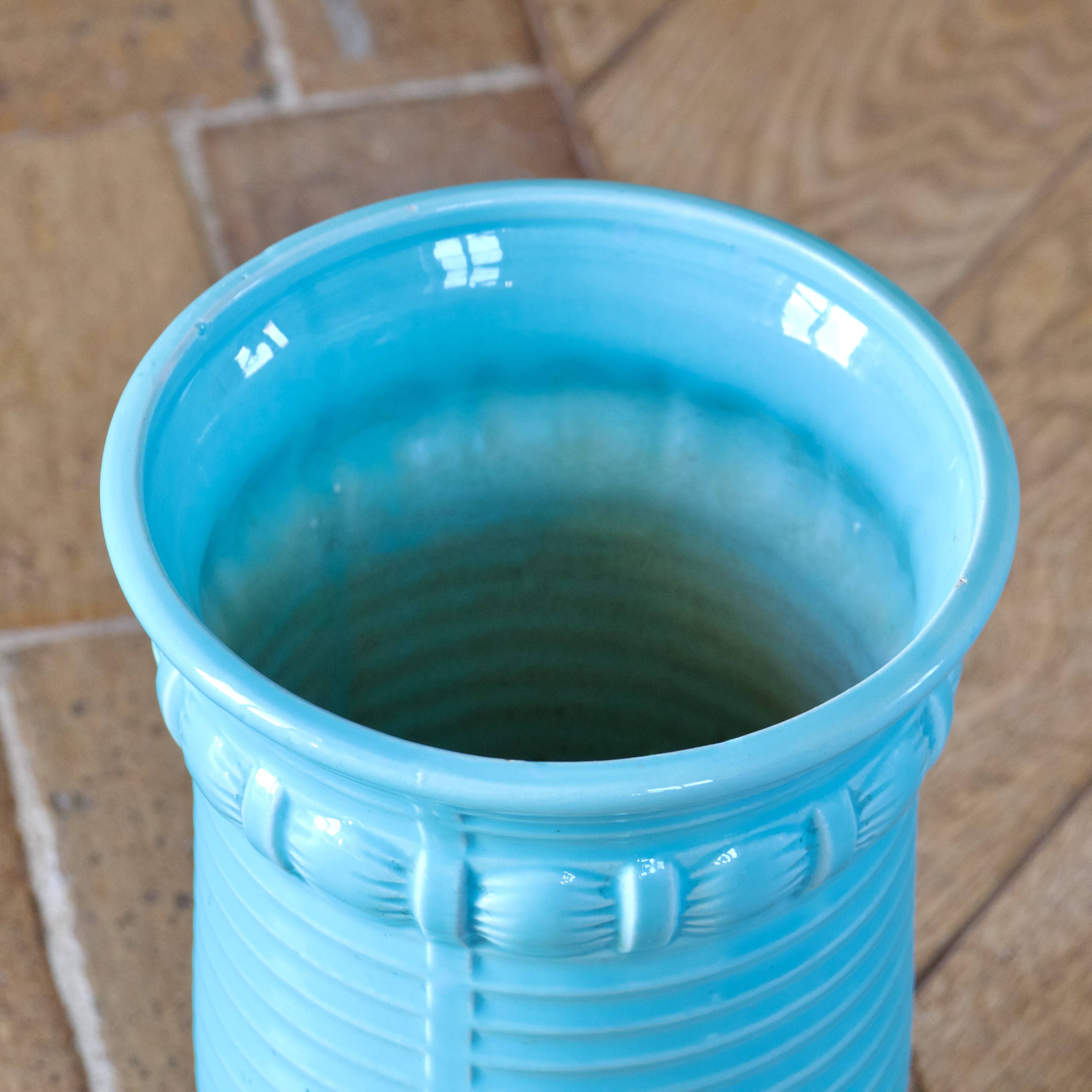 Grand vase ancien Art Deco Poël Laval, céramique émaillée turquoise