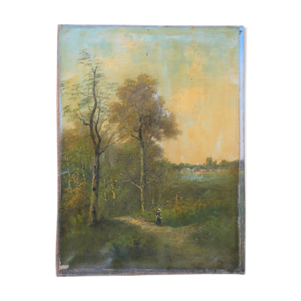 Tableau ancien paysage peinture sur toile