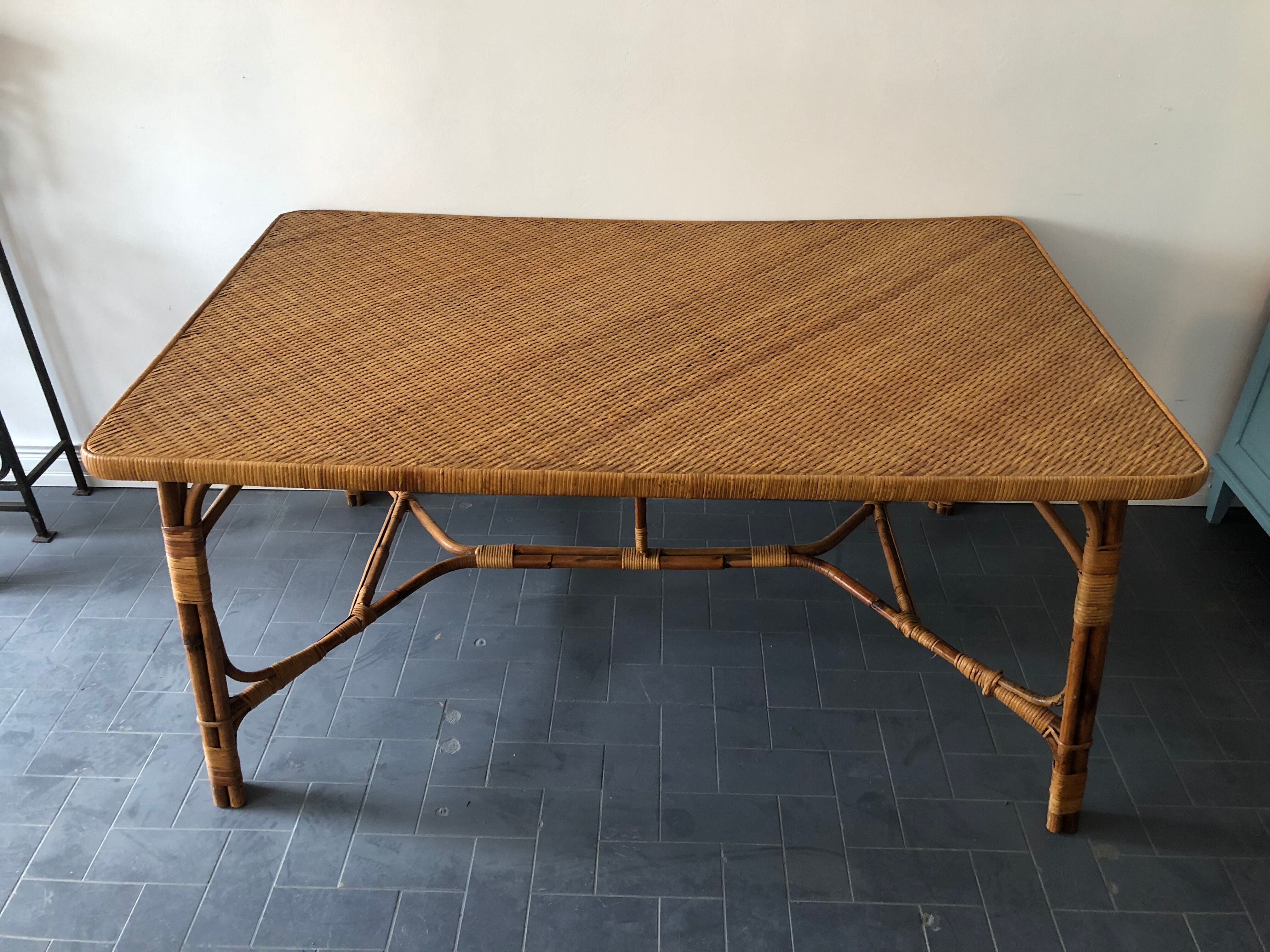 Vintage rattan table 6 people by Louis Sognot