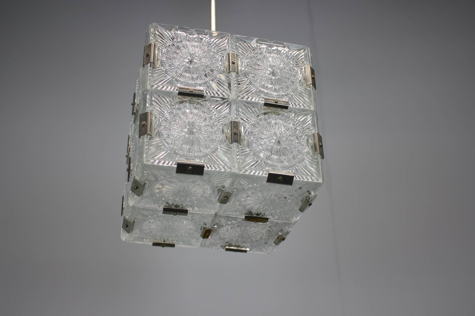 Mid-Century Square Clear Glass Pendant by K. Šenov, 1960s, Czechoslovakia