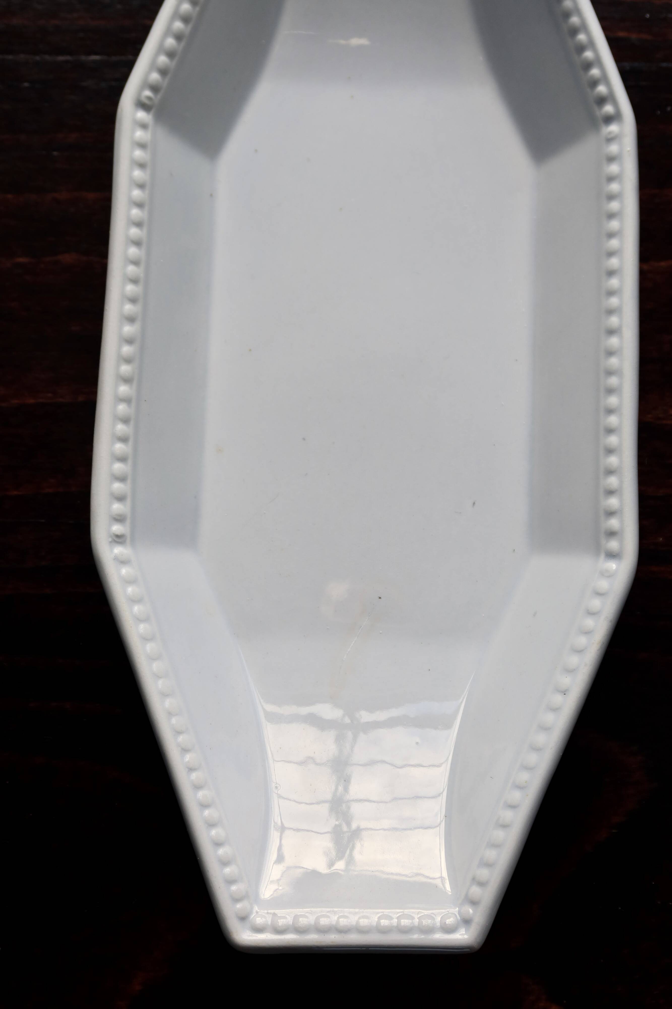 Antique octagonal serving dish from Creil and Montereau - Perles pattern - Pale blue-grey