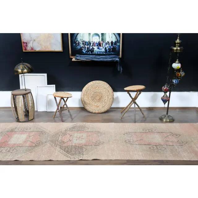 1970s Turkish Oushak Handmade Wool Cotton Orange Runner Rug 98x346