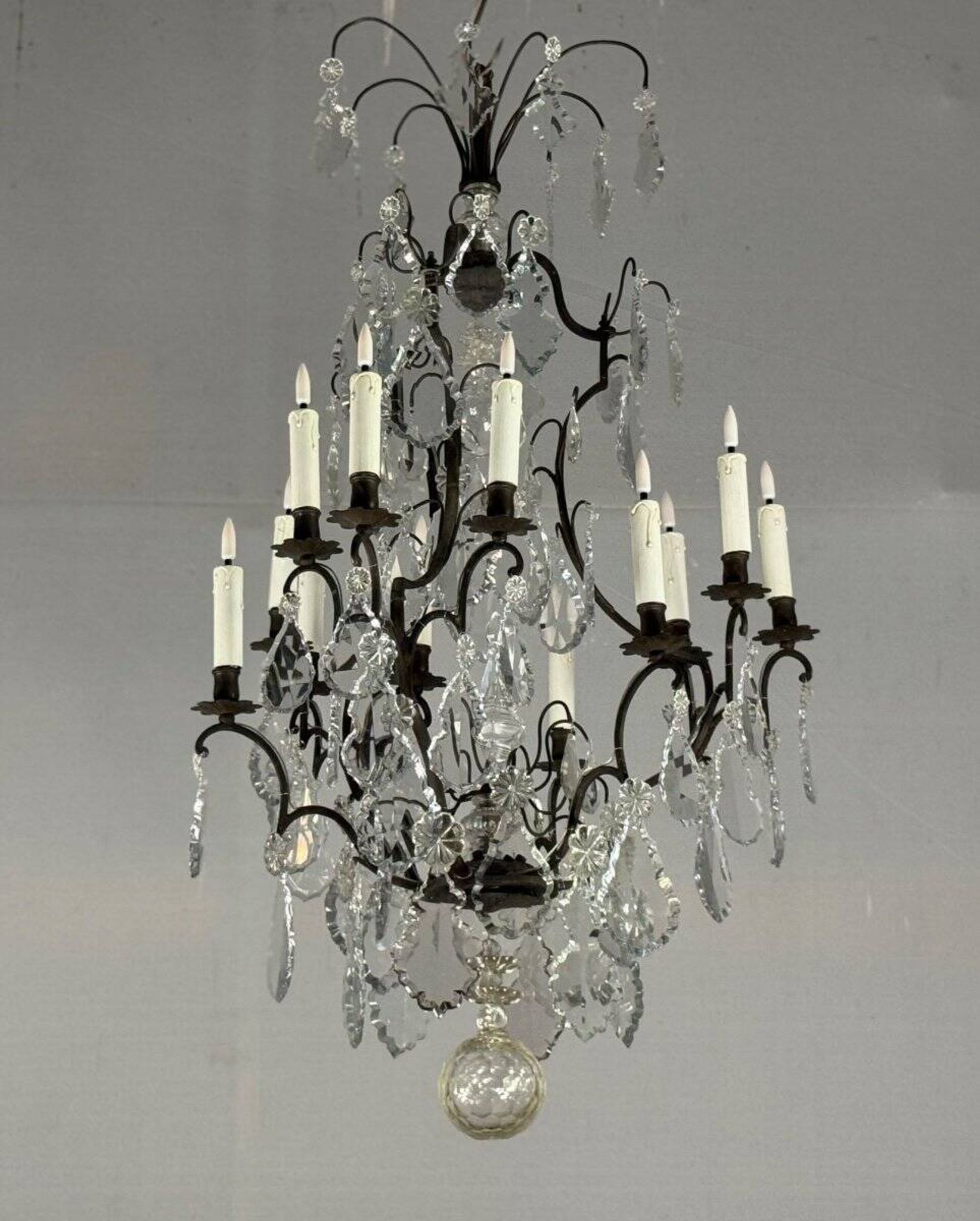 Black patinated bronze cage chandelier decorated with cut crystal pendants circa 1900