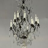 Black patinated bronze cage chandelier decorated with cut crystal pendants circa 1900