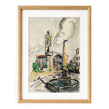 Watercolour by Françoise Grassin – Toulouse, Saint-Etienne Cathedral