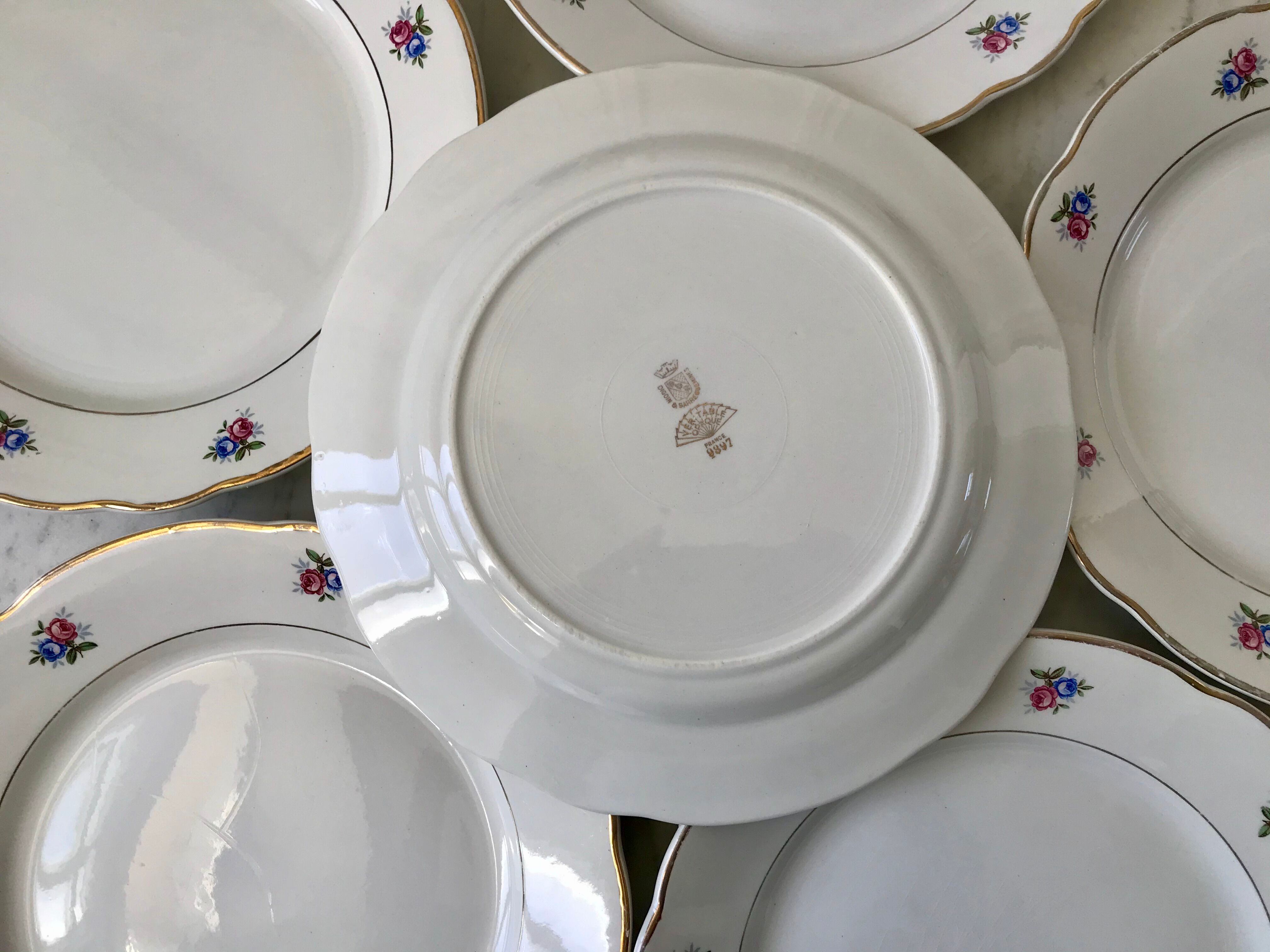 set of 6 flat plates Digoin Sarreguemines small flowers 50s