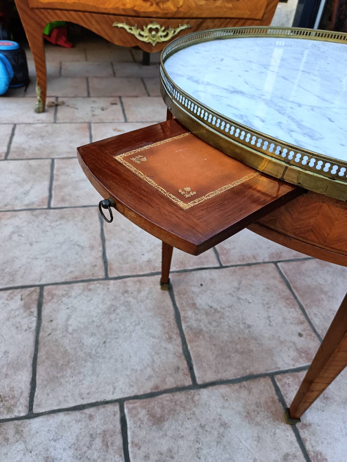 Antique Louis XVI style hot water bottle table with marble top