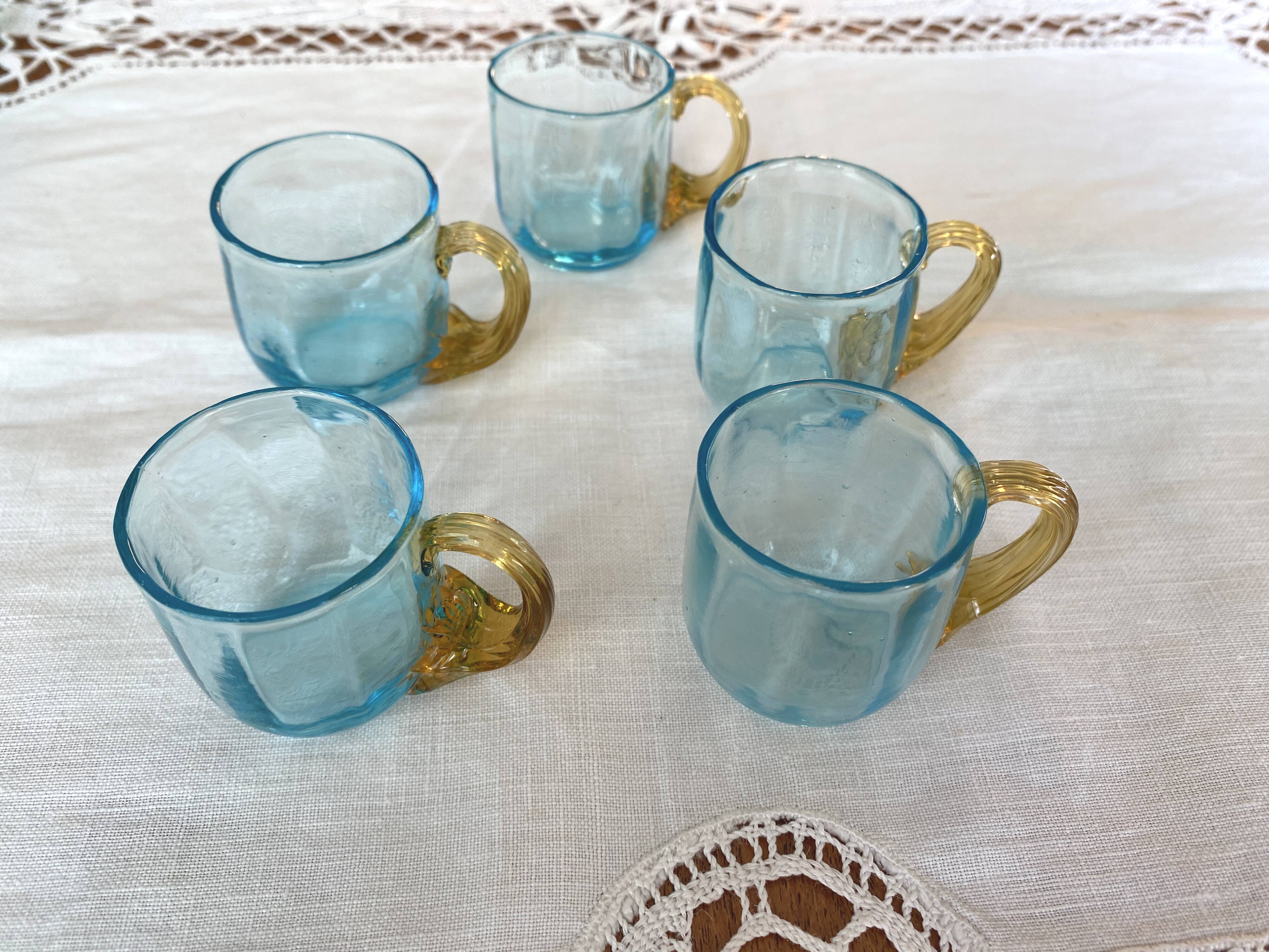 Antique Georges Sand blue and amber liqueur set - 12 glasses and tray