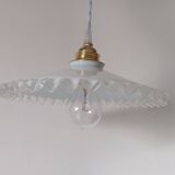 White opaline pendant light with transparent serrated edges, 1930/50