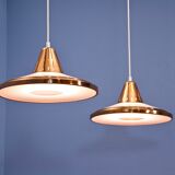 Set of 2 danish hanging lamps in solid copper, 1970s