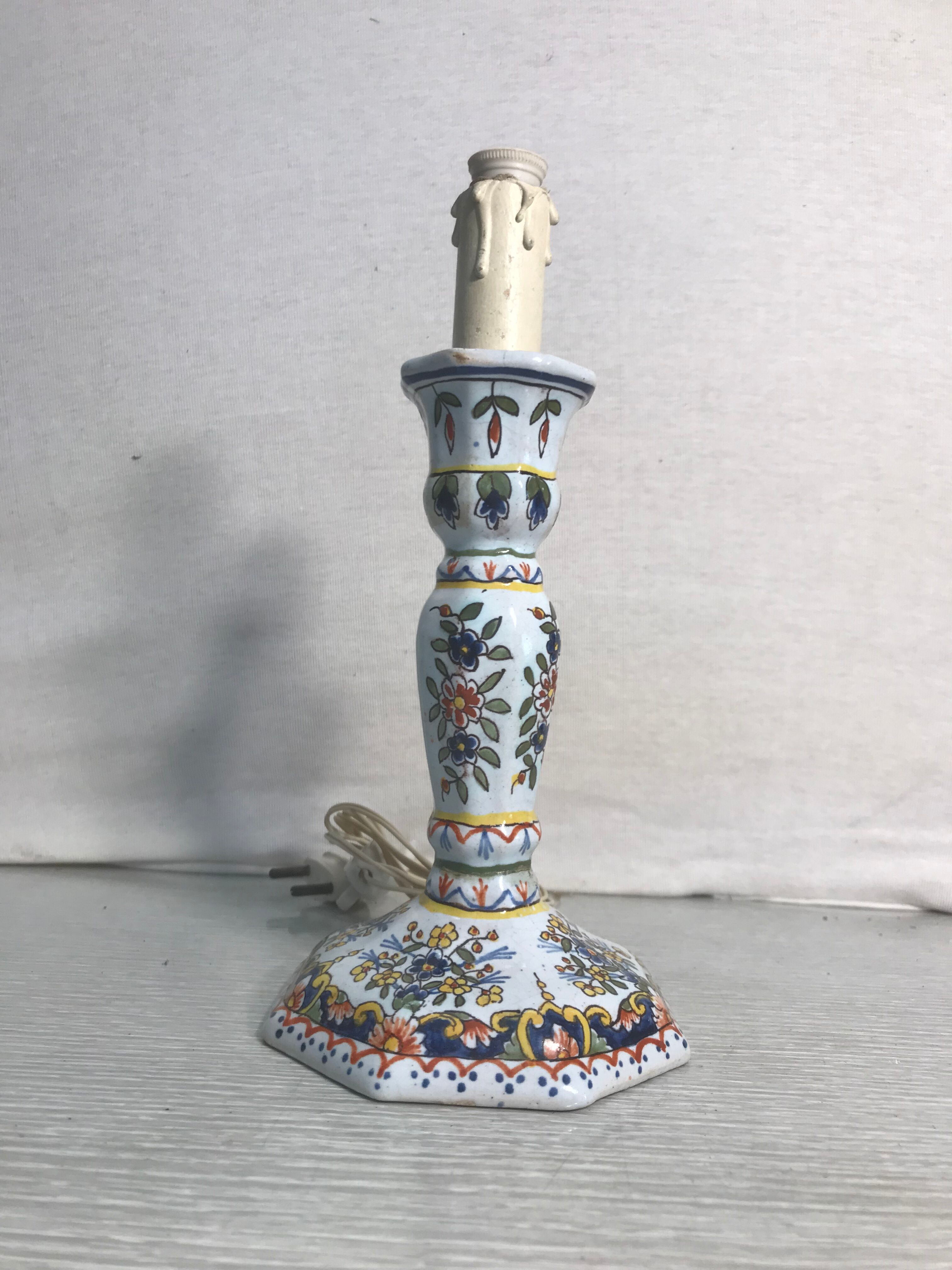 Vintage electrified candleholders in painted ceramic octagonal foot